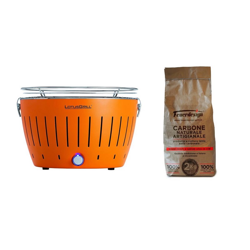 photo LotusGrill - Portable Standard Charcoal Barbecue with USB Cable - Orange + 2 Kg Natural Coal