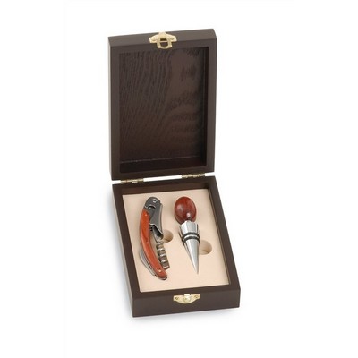 Set of 2 Wine Accessories in Wooden Gift Box Corkscrew and Stainless Steel Stopper