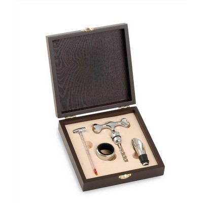 Renoir Set of 4 Wine Accessories in Wooden Gift Box, Bottle Thermometer, Drip Catcher, Corkscrew