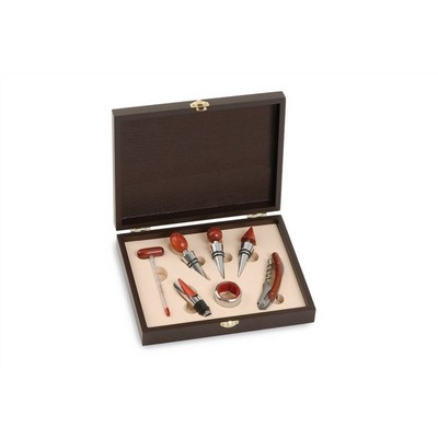Set of 7 wine accessories in wooden gift box, thermometer, pourer cap, 3 stoppers, drip catcher