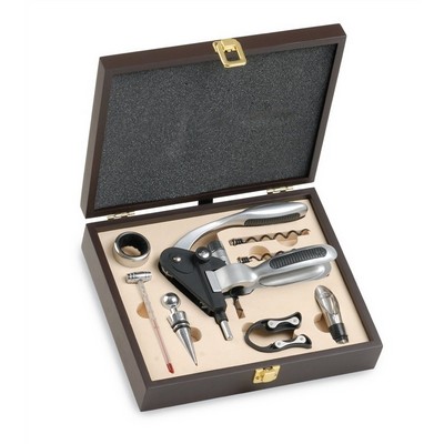 Set of 8 Wine Accessories in Wooden Gift Box, Includes Lever Corkscrew
