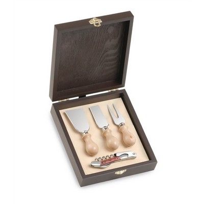 Cheese Accessory Set in Wooden Gift Box, 3 Cheese Cutters and Corkscrew