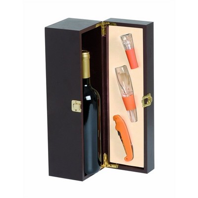 Orangefarbene Probierbox aus Holz für 1 Flasche, Box mit Platz für 3 Zubehörteile inkl.