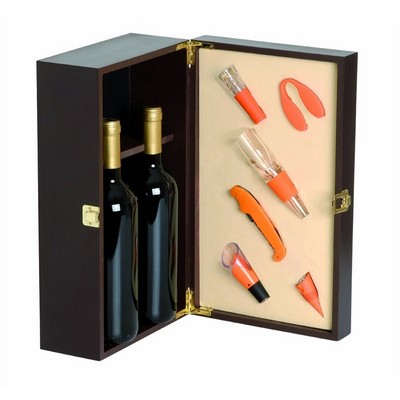 Orangefarbene Probierbox aus Holz für 2 Flaschen, Box mit Platz für 6 Zubehörteile inkl.