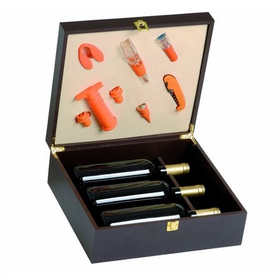 Renoir Orangefarbene Probierbox aus Holz für 3 Flaschen, Box mit Platz für 8 Zubehörteile inkl.