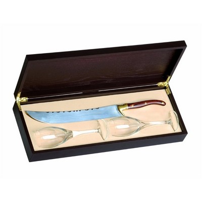 Wooden box with Champagne saber and 2 flute glasses