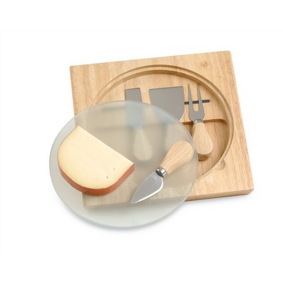 Cheese tasting board with cutlery and frosted glass plate
