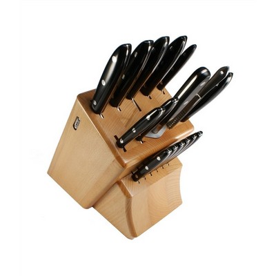 Ercole Block in Beech Wood with 16 Kitchen and Steak Knives Delfino Line Black