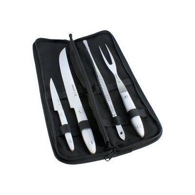 BBQ Chef-Set mit Clutch – 4-teilig mit 2 Messern, Gabel und Zange – weißer Griff