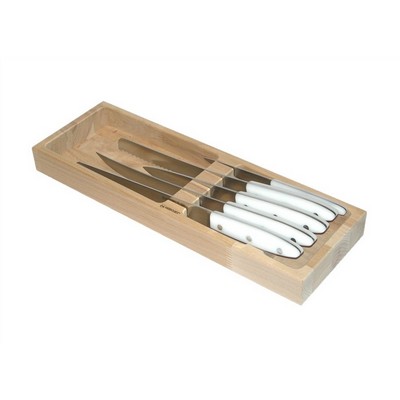 Handgefertigte Box aus Buche mit 5 Küchenmessern – Dolphin Line – Weiß