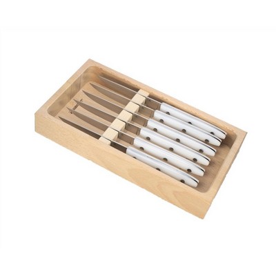 Mercury  Handcrafted Beechwood Box with 6 Steak Knives - Dolphin Line - White