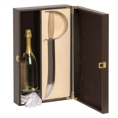 Brown painted wooden box for 1 bottle with saber and gloves