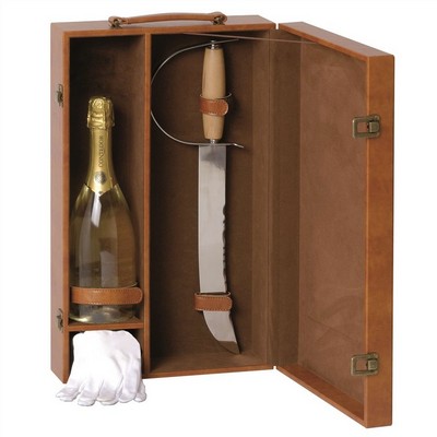 Tobacco colored box holds 1 bottle with saber and gloves
