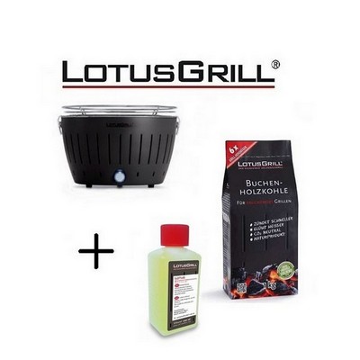 LotusGrill Neuer schwarzer Grill 2023 mit Batterien und USB-Stromkabel + 1 kg Holzkohle + BBQ-Gel