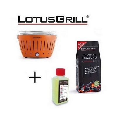 LotusGrill Neuer orangefarbener Grill 2023 mit Batterien und USB-Stromkabel + 1 kg Holzkohle + BBQ-Gel