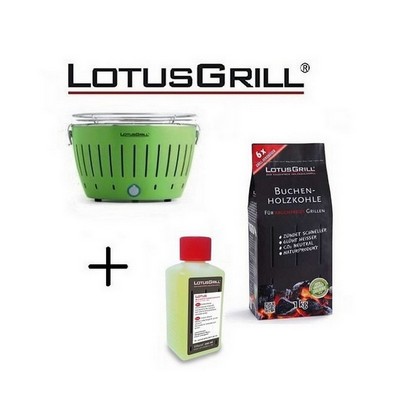 LotusGrill Neuer grüner Grill 2023 mit Batterien und USB-Stromkabel + 1 kg Holzkohle + BBQ-Gel
