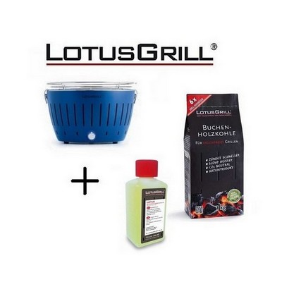 LotusGrill Neuer blauer Grill 2023 mit Batterien und USB-Stromkabel + 1 kg Holzkohle + BBQ-Gel