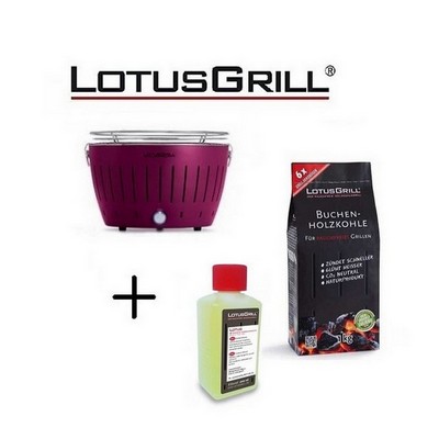 LotusGrill Neuer lila Grill 2023 mit Batterien und USB-Stromkabel + 1 kg Holzkohle + BBQ-Gel