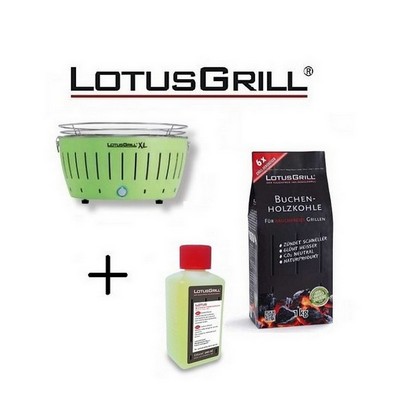 LotusGrill Neuer 2023 XL Green Barbecue mit Batterien und USB-Stromkabel + 1 kg Holzkohle + BBQ-Gel