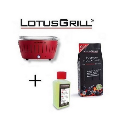 LotusGrill Neuer roter XL-Grill 2023 mit Batterien und USB-Stromkabel + 1 kg Holzkohle + BBQ-Gel