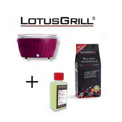LotusGrill Neuer 2023 XL Lila Grill mit Batterien und USB-Stromkabel + 1 kg Holzkohle + BBQ-Gel