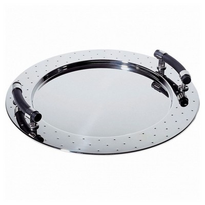 round tray in polished 18/10 stainless steel with pa handles, black