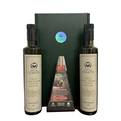 Oleum Comitis Geschenkbox mit nativem Olivenöl extra, 2 x 500 ml und 40 Monate Parmesan