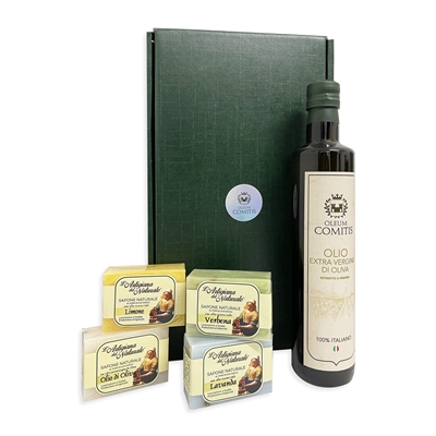 Oleum Comitis Extra natives Olivenöl. Verpackung: 500-ml-Flasche und 4 Naturseifen