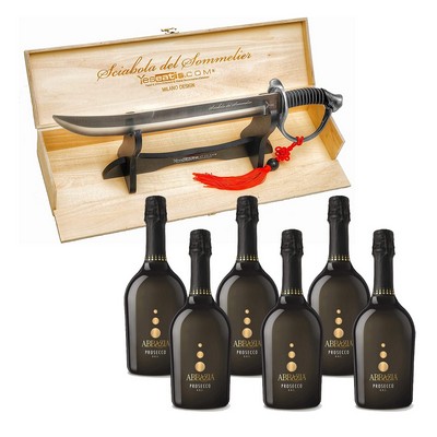 YesEatIs Sommelier's Saber Steel Handle with 6 Bottles of Prosecco DOC Abbazia