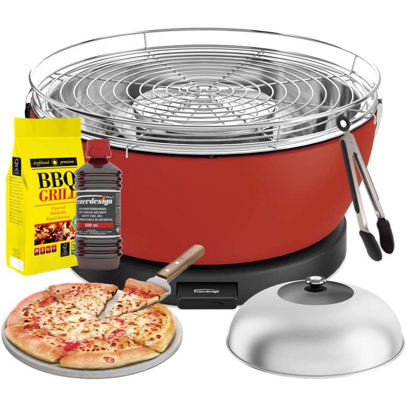 photo FEUERDESIGN - VESUVIO Grill RED - Kit with IGNITION GEL + CHARCOAL 3 Kg + TONGS + PIZZA STONE
