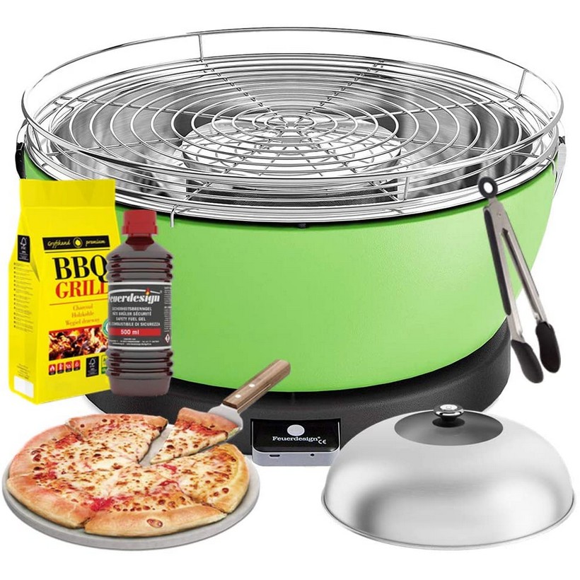 photo FEUERDESIGN - VESUVIO Grill GREEN - Kit with IGNITION GEL + CHARCOAL 3 Kg + TONGS + PIZZA STONE