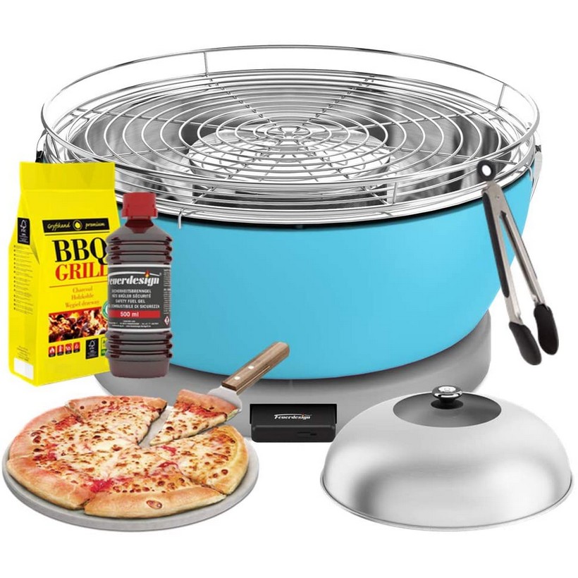 photo FEUERDESIGN - VESUVIO Grill BLUE - Kit with IGNITION GEL + CHARCOAL 3 Kg + TONGS + PIZ STONE