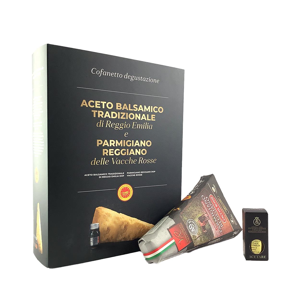 photo Box of Parmigiano Reggiano Vacche Rosse 40 Months and Reggio Emilia Gold Quality Balsamic Vinegar