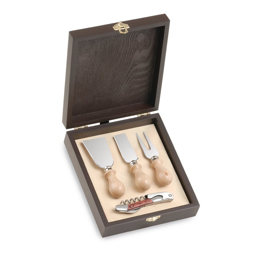 photo Accessory Sets Cheese in Gift Box in Wood, 3 Size Cutlery Cheese and Corkscrew