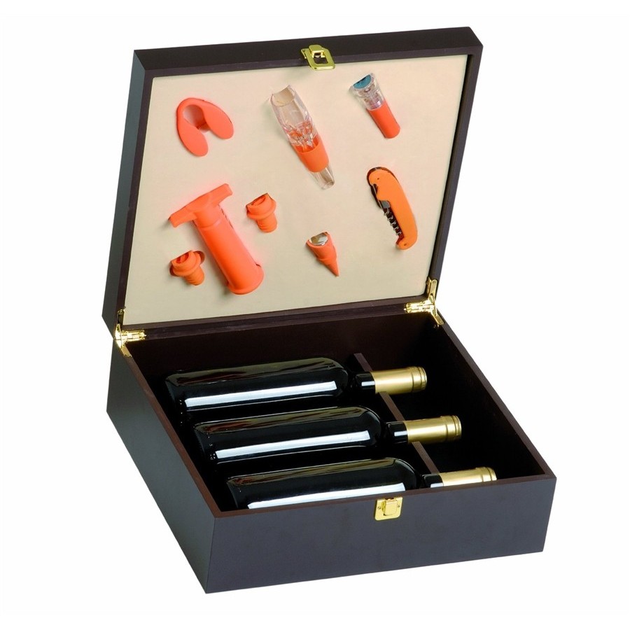 Orangefarbene Probierbox aus Holz für 3 Flaschen, Box mit Platz für 8 Zubehörteile inkl.