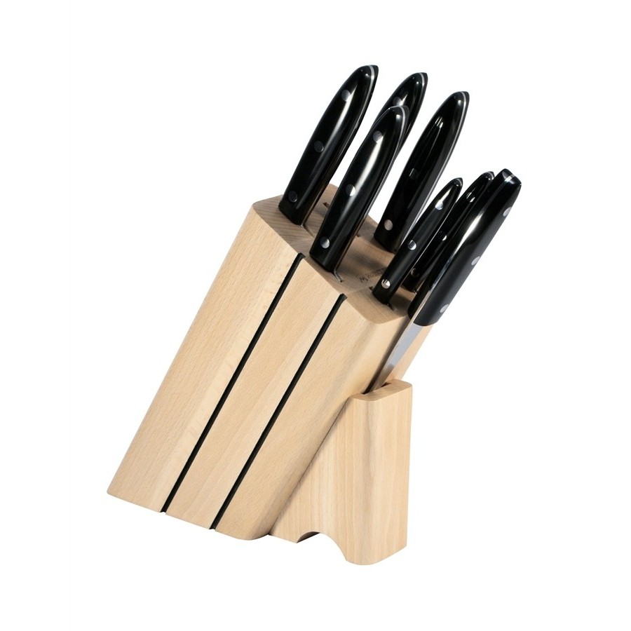 Handgefertigter Buchenblock mit 7 Küchenmessern der Black Dolphin Line