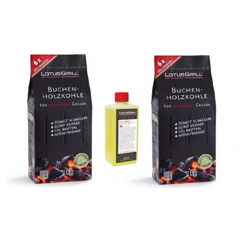 LotusGrill - Small Beech Charcoal Kit (2 x 1Kg) + 1 Pack of 500 ml fuel gel