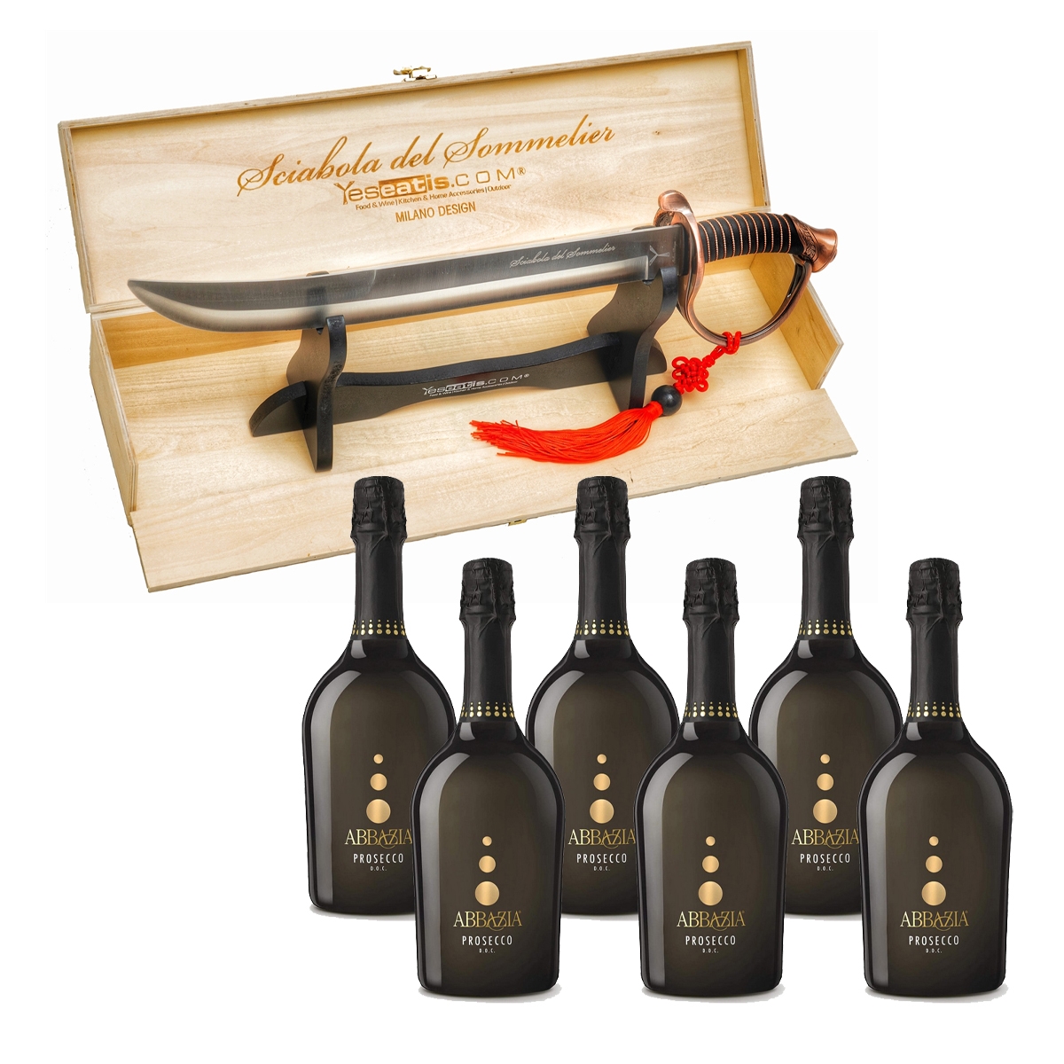 Sommelier's Saber Bronze Handle with 6 Bottles of Prosecco DOC Abbazia