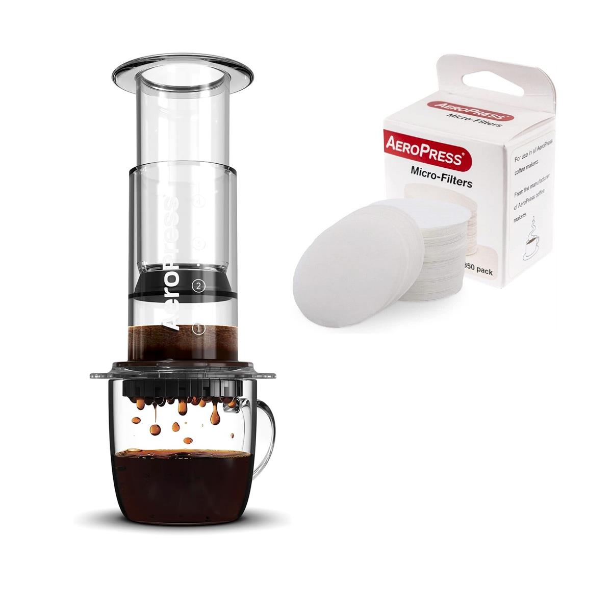 AeroPress - New Special Bundle with Clear Coffee Maker (Transparent) + 350 Microfilters
