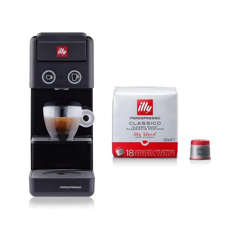 ILLY - Iperespresso Y3.3 Schwarze Kapselkaffeemaschine + 108 CLASSIC Röstkaffeekapseln