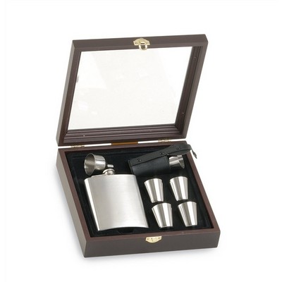 Liquor Flask Set with Funnel and 4 Stainless Steel Shot Glasses Wooden Gift Box