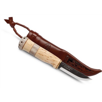 Witch's Tooth - Knife with carbon steel blade, Finnish birch handle and leather sheath
