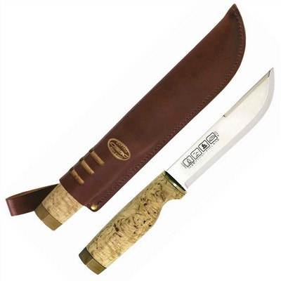 Ranger 250 - Knife with chromed stainless steel blade, curly Finnish birch handle and leather sheath