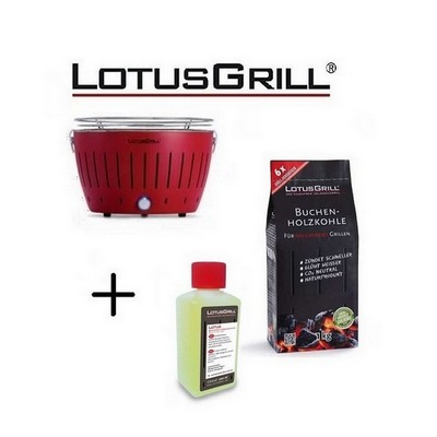LotusGrill Neuer 2023 Rot Barbecue mit Batterien und USB-Stromkabel+BBQ Bio-Ethanol+Buchenholzkohle 1 kg
