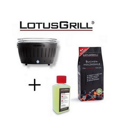 LotusGrill Neuer 2023  Schwarz Barbecue XL mit Batterien und USB-Stromkabel+BBQ Bio-Ethanol+Buchenholzkohle 1 k