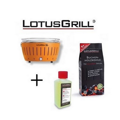 LotusGrill Neuer 2023 Orange Barbecue XL mit Batterien und USB-Stromkabel+BBQ Bio-Ethanol+Buchenholzkohle 1 kg