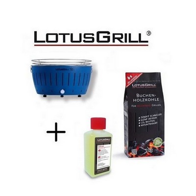 LotusGrill Neuer 2023 Blau Barbecue XL mit Batterien und USB-Stromkabel+BBQ Bio-Ethanol+Buchenholzkohle 1 kg