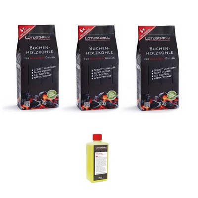 LotusGrill - KIT Beech Charcoal (3 x 1Kg) + 1 pack of 500 ml fuel gel
