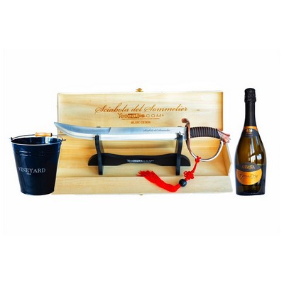YesEatIs Champagnersäbel für Sommelier mit Bronzegriff und Holzvitrine - Starter Kit mit Eiskübel und Sekt