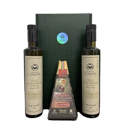 Geschenkbox mit nativem Olivenöl extra  2 x 500 ml und 24 Monate Parmesan
